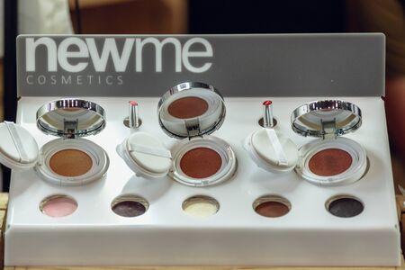 Dnepr, Ukraine- Maj 18, 2019: Assortment of different natural compact powders at beauty shopのeditorial素材