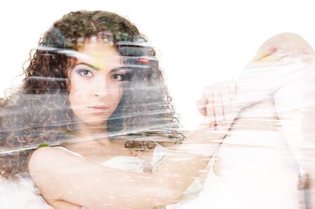 portrait of girl in night dress on white, double multiple exposure effect,combined images