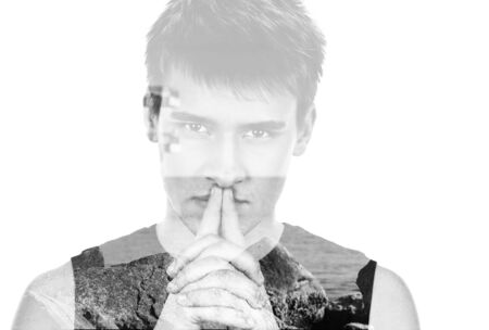 Secret man. guy shows hush be quiet. isolated on white background, double multiple exposure effect,combined imagesの写真素材