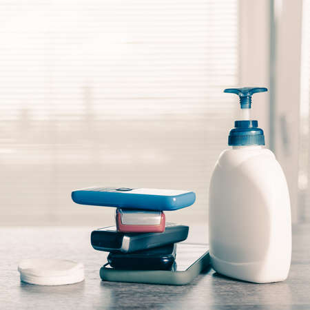 Coronavirus prevention equipment. Set of items for cleaning mobile phones