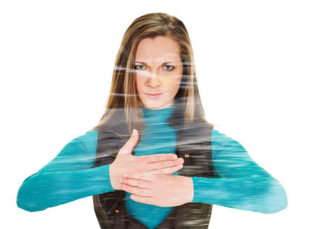 young woman making stop gesture. Isolated on white, double multiple exposure effect,combined images