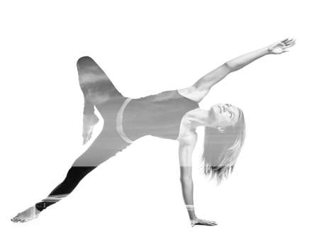 Slim graceful woman doing gymnastic exercises on white background, double multiple exposure effect,combined imagesの写真素材