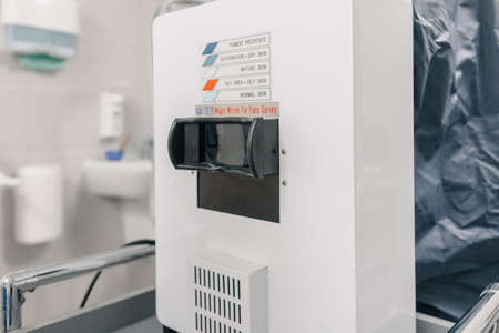 Dnepr, Ukraine- July 17, 2020: facial skin analyze with Magic Mirror machineのeditorial素材