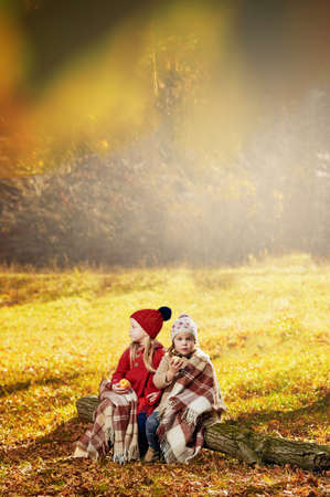 Cute little girls sitting in plaid in sunny autumn parkの写真素材
