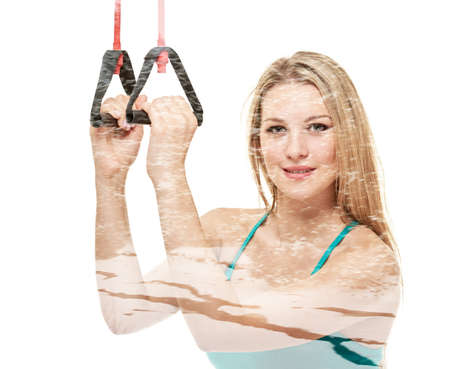 athletic woman with rubber tape on white background. studio portrait, double multiple exposure...