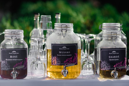 Dnepr, Ukraine- September 12, 2020: Variety of low alcohol drinks in street trade stall, small business, outdoor street sale in conditions of lockdownのeditorial素材