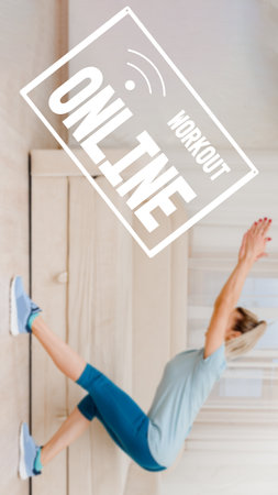 Young slim girl doing exercises in living room at home, physical fitness health without a gym, image...