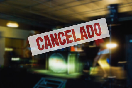 Spanish inscription CANCELED. Concert is cancelled. Restrictions, safety, health and precaution conceptの写真素材