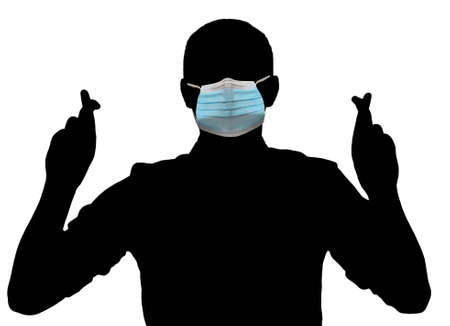 3D illustration, 3D rendering. Male activist in facial mask holding fingers crossed and praying. crossed index and middle fingers call for good luck, a sign of the end of the action, a call for the end of the action.の写真素材