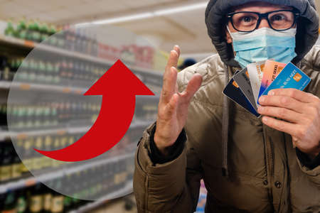 Protest of man in supermarket against rising food prices during economic crisis. Arrow symbol of...