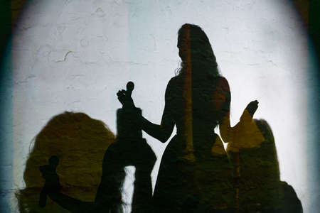 Silhouettes of audience watching presentation of new stylish dress collection, home party showの写真素材