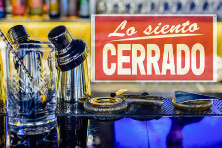 sorry we are closed inscription in spanish. Cafe and restaurant are closed because of financial crisis caused by crisisの写真素材