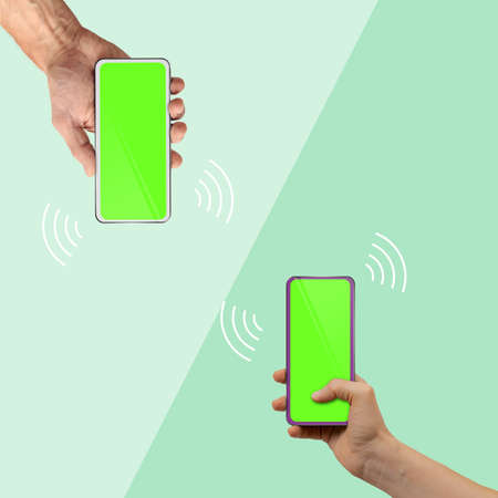 People with mobile gadgets using wireless internet connection against green background