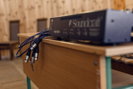 Closeup photo of real authentic audio sound mixer equipmentの写真素材