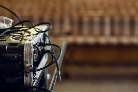 Closeup photo of real authentic audio sound mixer equipmentの写真素材