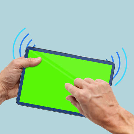 Abstract hands holding smartphone with wireless mobile telecommunication service, concept wireless network communication switching connection chargingの写真素材