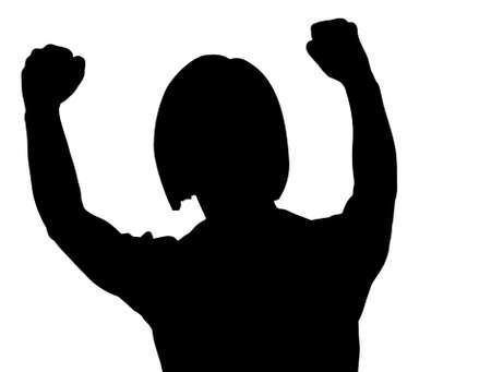 Protester raising clenched fists up against something, 3D illustration, 3D renderingの写真素材