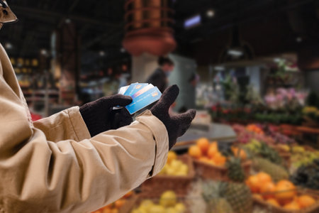 Man doing purchases in grocery shop with credit cardの写真素材