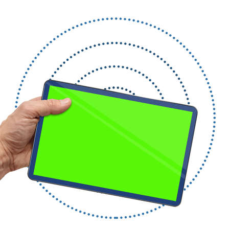 Mans hand holding tablet with chromakey screen emitting wireless mobile internet on white background