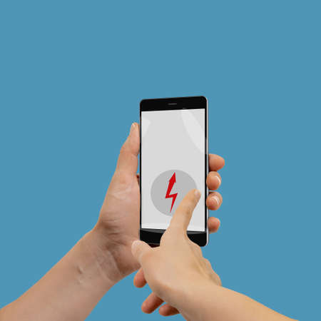 Smartphone with important message warning on screen isolated on blue background, special...
