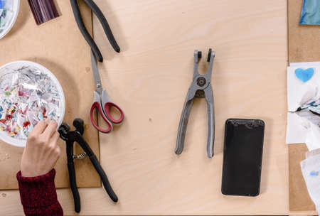 mosaic handmade workplace tools creativity hobby ceramic glassの写真素材