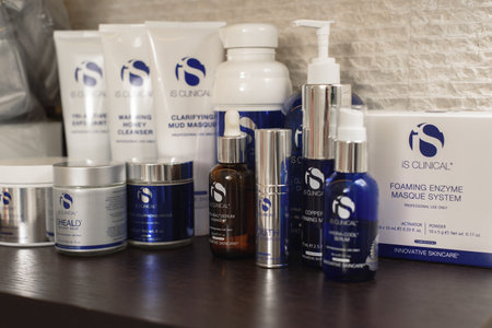 Dnepr, Ukraine- April 26, 2018: Cosmetic skin care products Is Clinical of female facial line on table in spa salonのeditorial素材