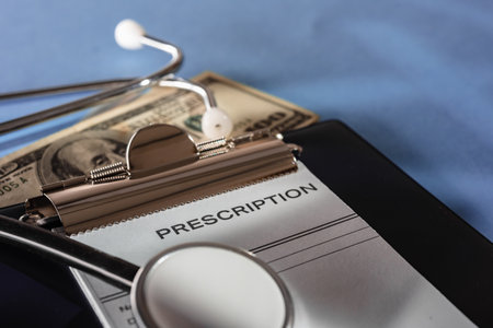 Stethoscope lying on medical prescription form and cash money on blue backgroundの写真素材