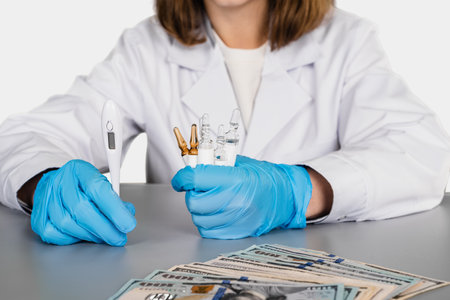 Female pharmacist with dollars cash money because of rising cost of medicine on studio gray backgroundの写真素材