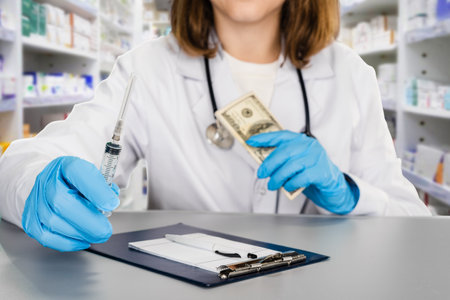 Woman pharmacist with money cash illegally selling prescription drugsの写真素材