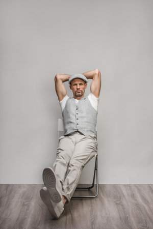 Confident young man dressed in stylish retro clothes sitting on chairの写真素材