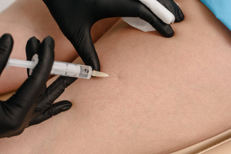 Closeup photo of doctor in medical gloves giving patient with pain injection in clinicの写真素材