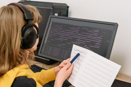 Teen boy with handphones and computer composing music on staff paper at homeの写真素材