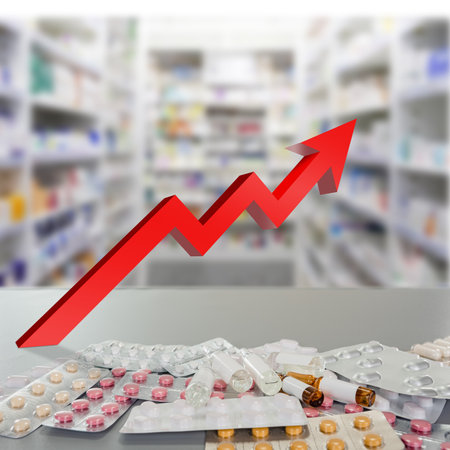 Red arrow on the pharmaceutical background suggesting the growing prices of medicine or drugs