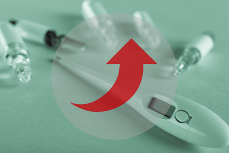 Medication in ampoules, thermometer and red arrow moving up showing concept of expensive health care