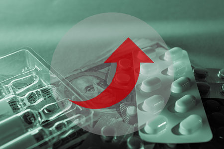 Medical pills, ampoules with vaccine, money cash and red arrow showing increase of health care costs