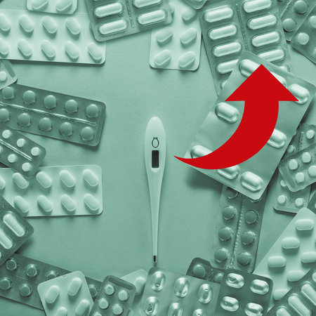 Digital thermometer and medical pills for virus treatment in monochrome with green tinting and a red...