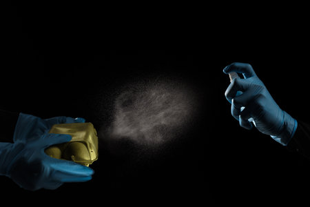 Closeup of man using alcohol sanitizer spray to clean container with eggs isolated on black...