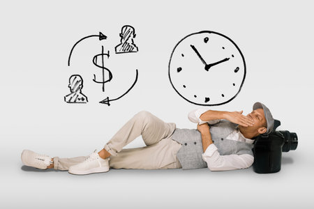 A male photographer is resting on a white background and waiting for an increase in profit from...