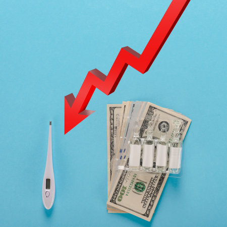 Thermometer, ampoules and money. Concept of rising prices of healthcare systemの写真素材