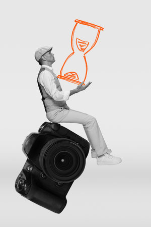 Happy young photographer celebrating financial income and money saving, pop art collage of a man...