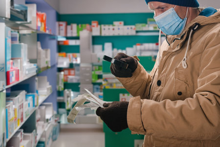 Man in medical mask holding bills and looking through magnifying glass at high prices of medical products. Financial record: Receipt obtained for payment made at the pharmacyの写真素材