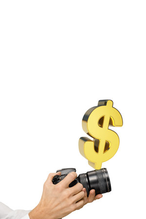 Man with photo equipment and dollar symbol getting income by camera shooting his keen eye for capturing is not only a source of creative fulfillment but also a means of financial prosperityの写真素材