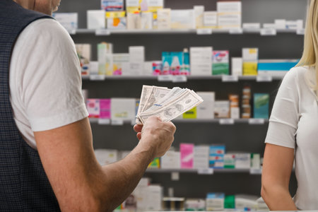 Male patient buying medicine and giving money to pharmacist at pharmacy counter. Cash transaction: Buyer exchanges dollars for pharmacy goodsの写真素材