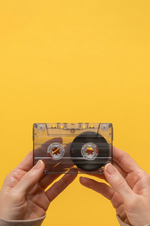 Audio cassette in female hands isolated on yellow background. Vintage audio cassette held by hand...