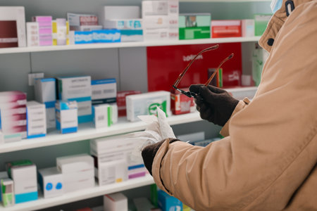 Male customer checking his paper receipt with magnifying glass after buying medication and pills. Pharmacy purchase: Receipt issued for payment of goods at checkoutの写真素材