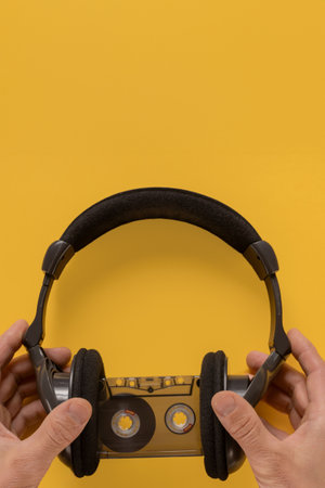 Male music lover with old audio cassette and headphones going to listen to vintage music. Hands holding headphones with an audio cassette in the background, shot on a flat surfaceの写真素材