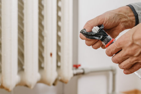 Male hands using epoxy to fix hole in heating radiator. Plumber applying epoxy cold welding for...