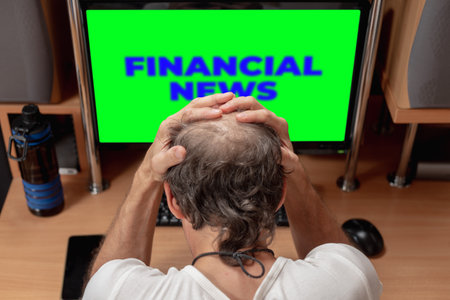 Frustrated desperate man touching head worried about money loss. Emotional reaction to financial news on monitor, man at keyboardの写真素材