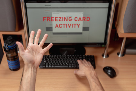Nervous confused man having problem with paying online with credit card. Close-up of computer screen with account freeze notification, male client focused on warningの写真素材