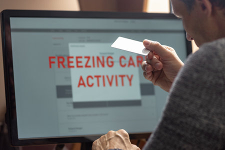 Young man having problems with online card payment, closeup photo. Man frustrated, staring at computer monitor with account freeze and blocking alertの写真素材